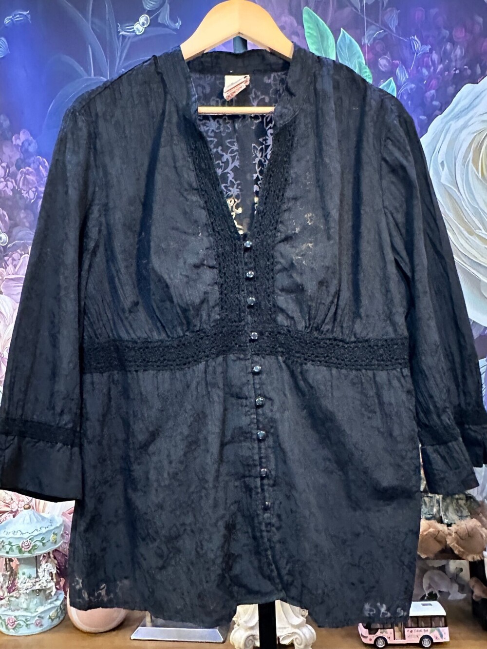 Faded Glory 2X Black Long Sleeve Button Front Blouse Lace Trim Romantic Goth